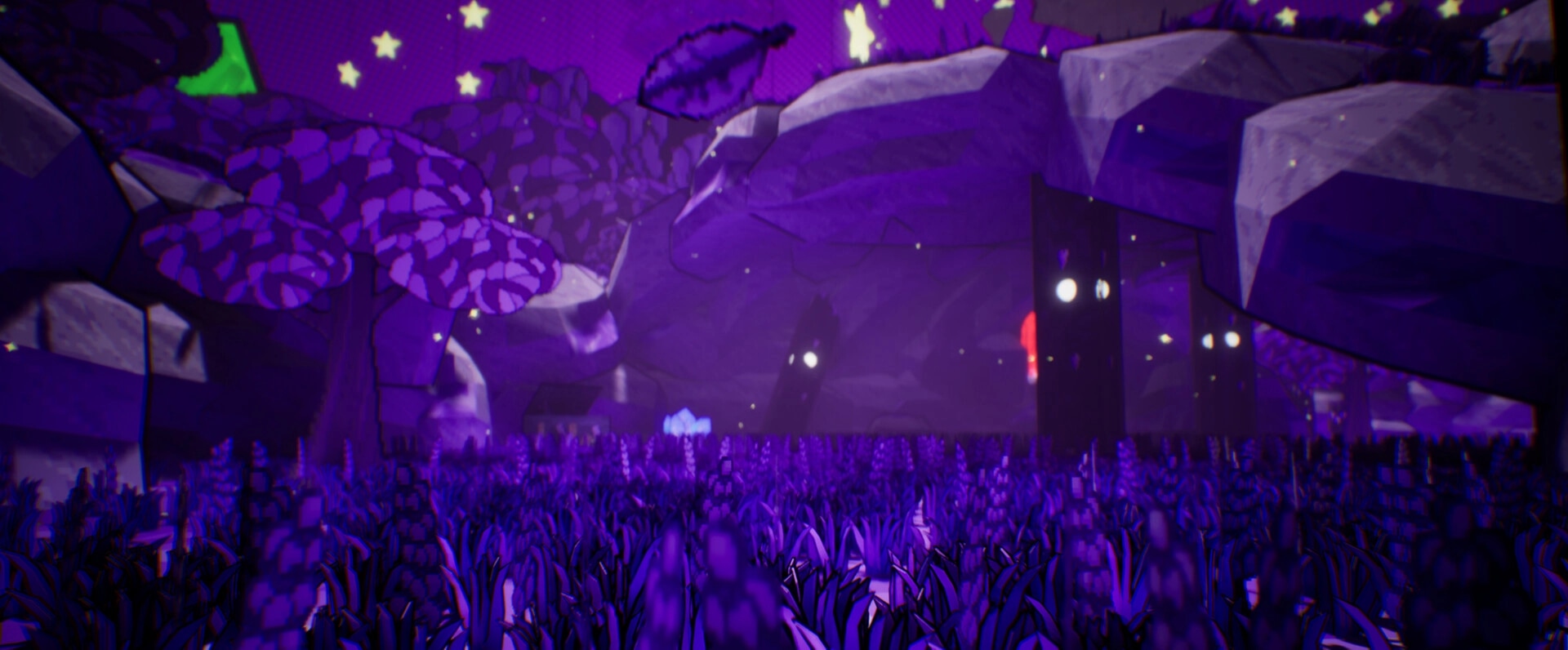 Dreamstory: Enchanted forest under a starry night with glowing trees and mysterious purple foliage