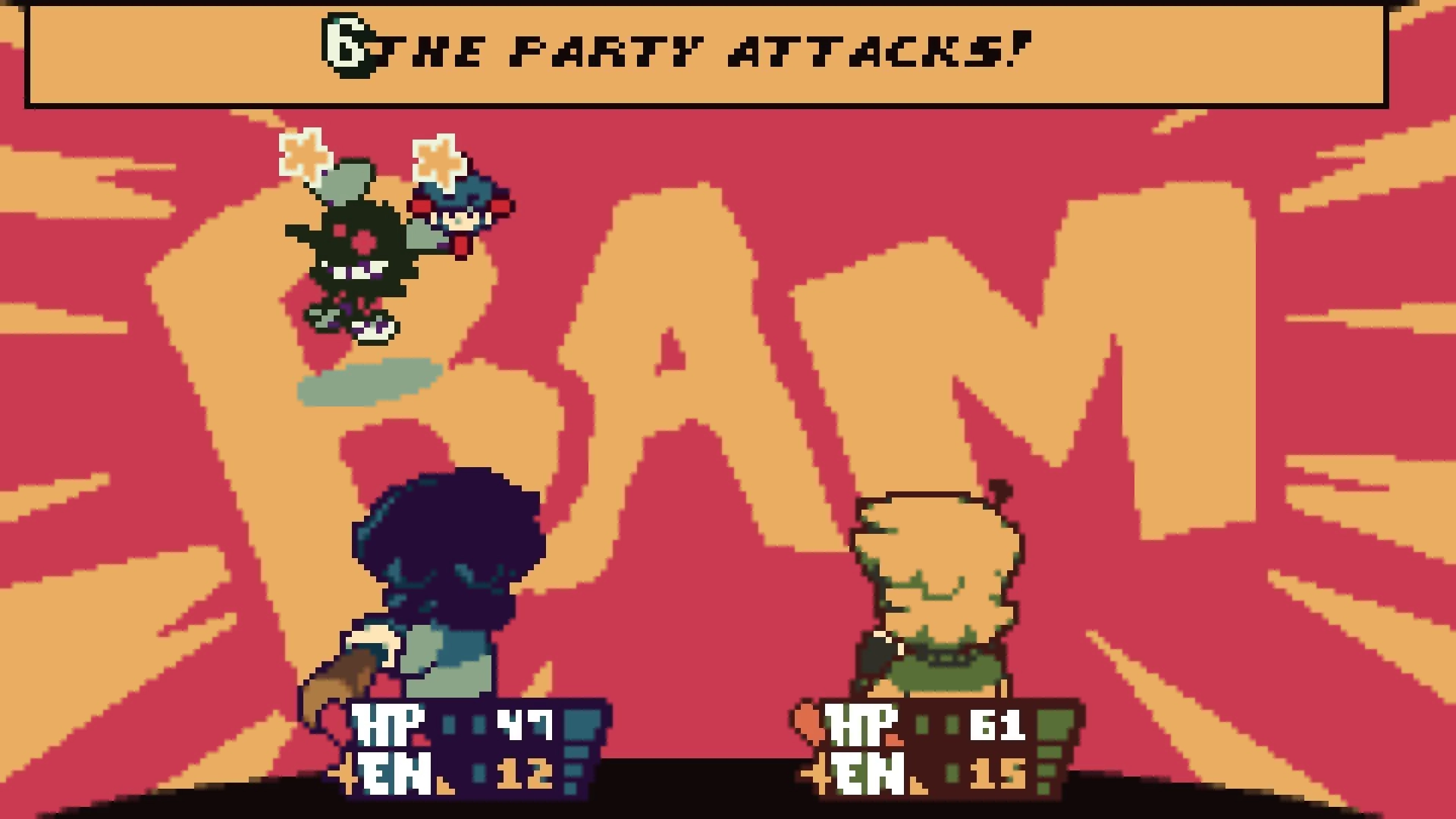 DREAMTONE: Party attack turn with two heroes facing a small enemy, giant BAM splash backdrop.