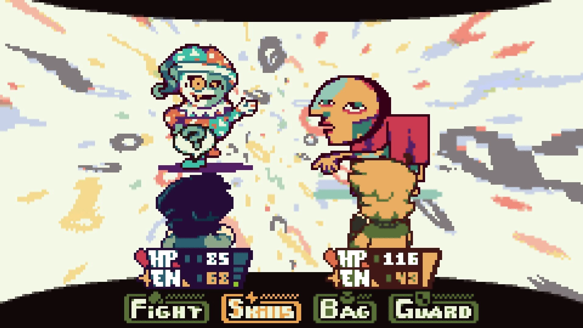 DREAMTONE: Turn-based battle UI with FIGHT SKILLS BAG GUARD as two heroes face two foes in void.