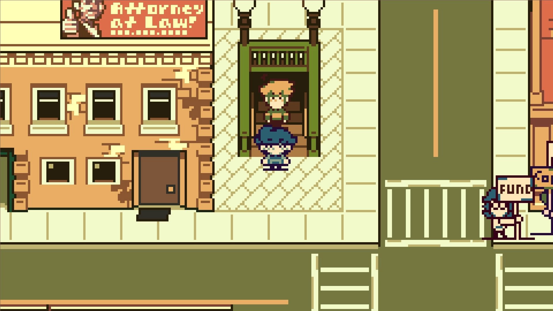 DREAMTONE: Two pixel characters stand by a doorway on a city sidewalk beside a crosswalk and road.