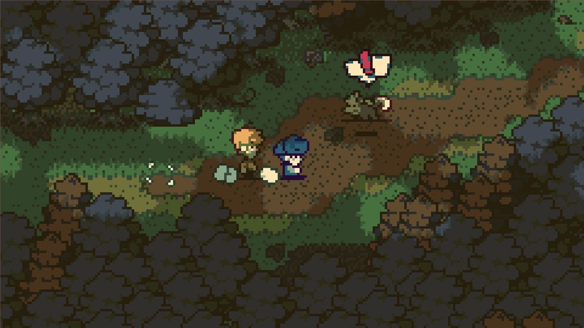 DREAMTONE: Two pixel heroes stand on a dirt path near a fallen enemy in a rocky forest clearing.