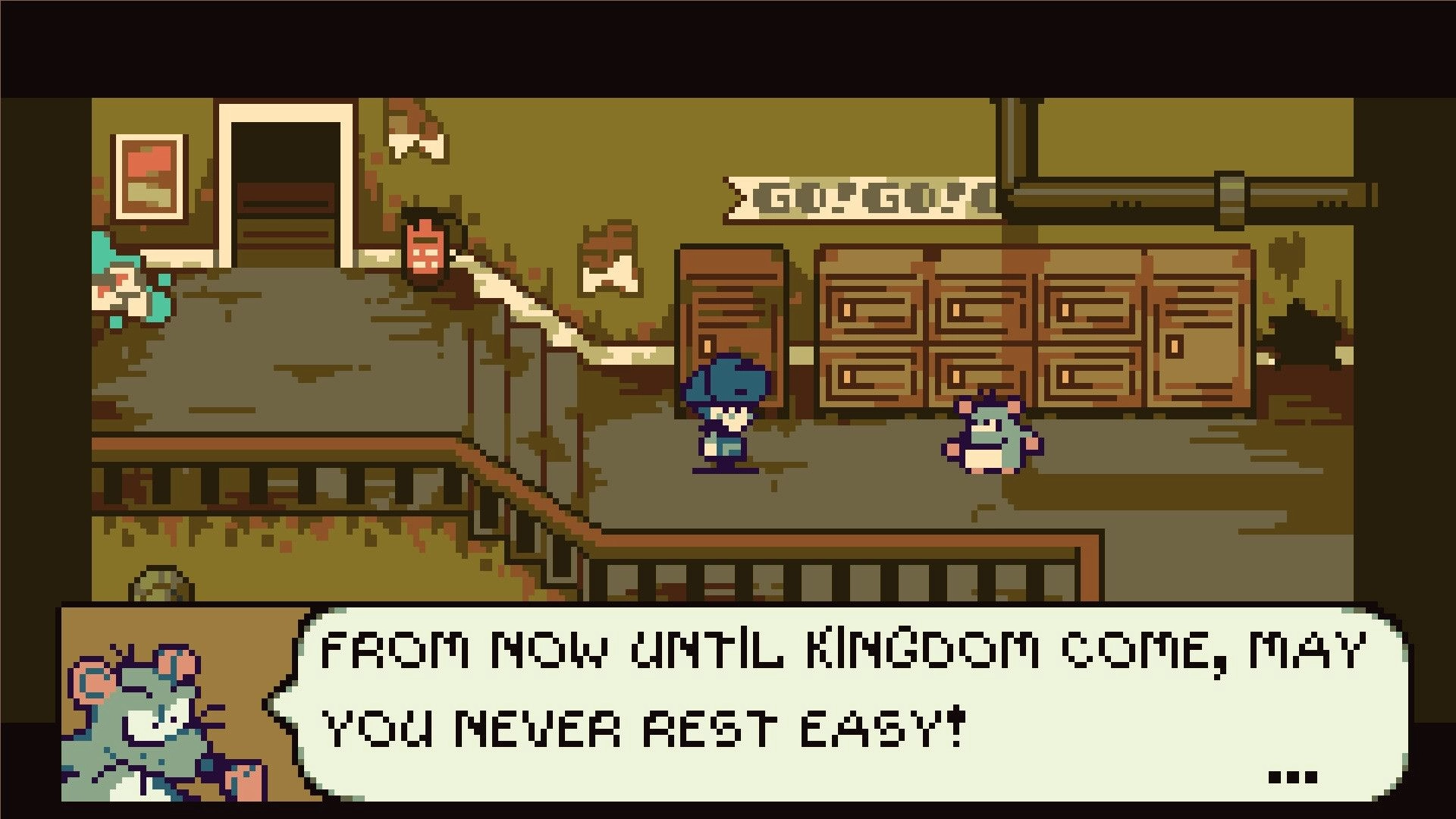DREAMTONE: Dialogue scene with two pixel characters by lockers in a worn school hallway interior.