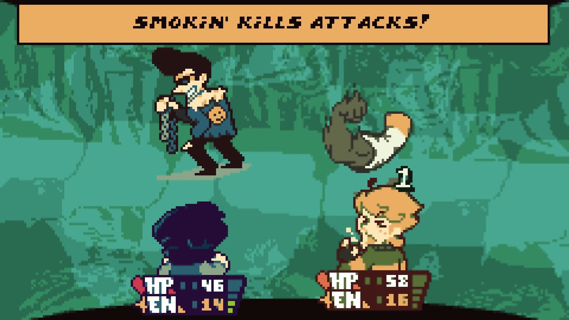 DREAMTONE: Turn-based battle as a masked fighter attacks in a green forest, HP/EN UI visible.