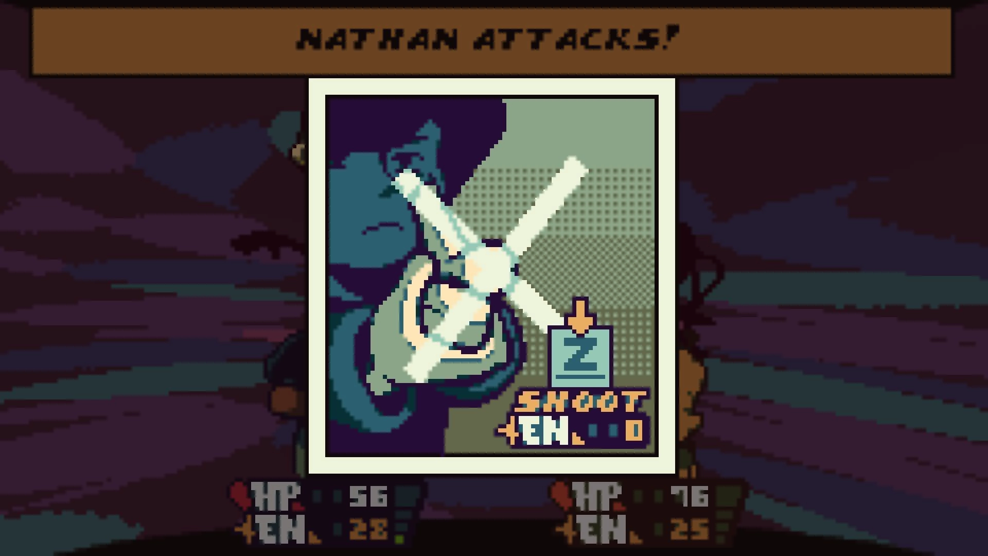 DREAMTONE: Nathan attacks with a Snoot EN card prompt during turn-based battle on a dark road at dusk.