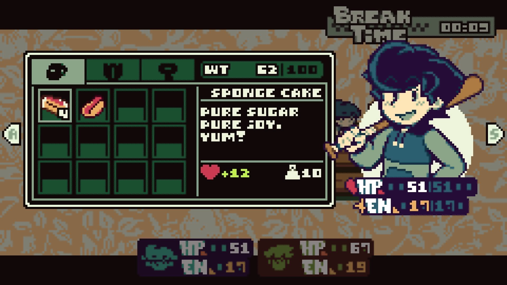 DREAMTONE: Inventory menu highlighting Sponge Cake healing item beside pixel hero during Break Time scene.