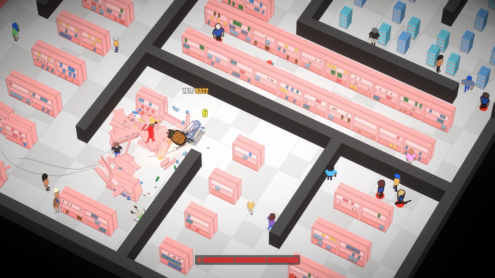 Drift Market: Shopping cart smashes pink shelves as a pineapple rolls through crowded supermarket aisles.