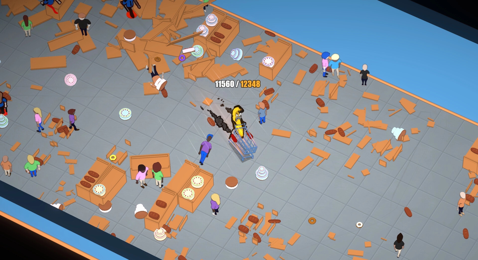 Drift Market: Mutant banana rams a shopping cart through debris-filled store aisle, score counter HUD.