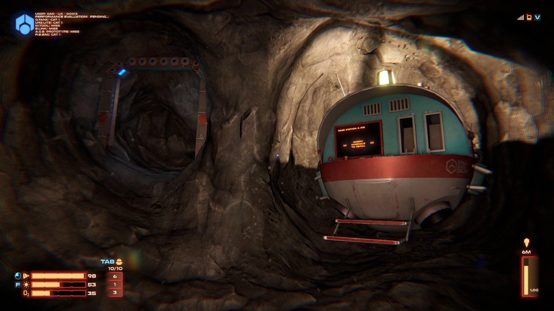Drill and Delve: Base station pod in rocky tunnel with UI showing oxygen and equipment status