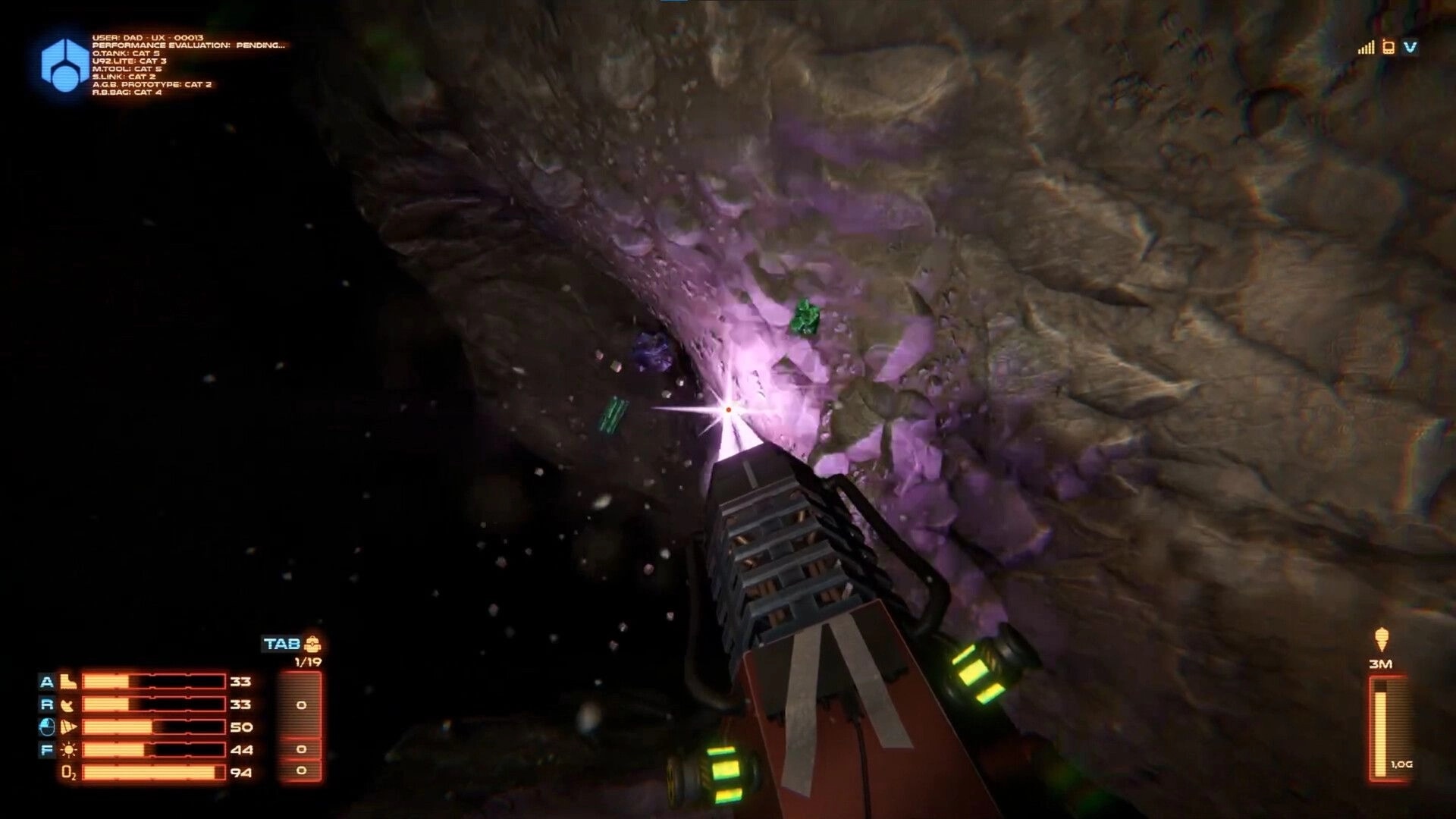 Drill and Delve: Player using drill tool to excavate glowing crystals in a dimly lit underground mine.