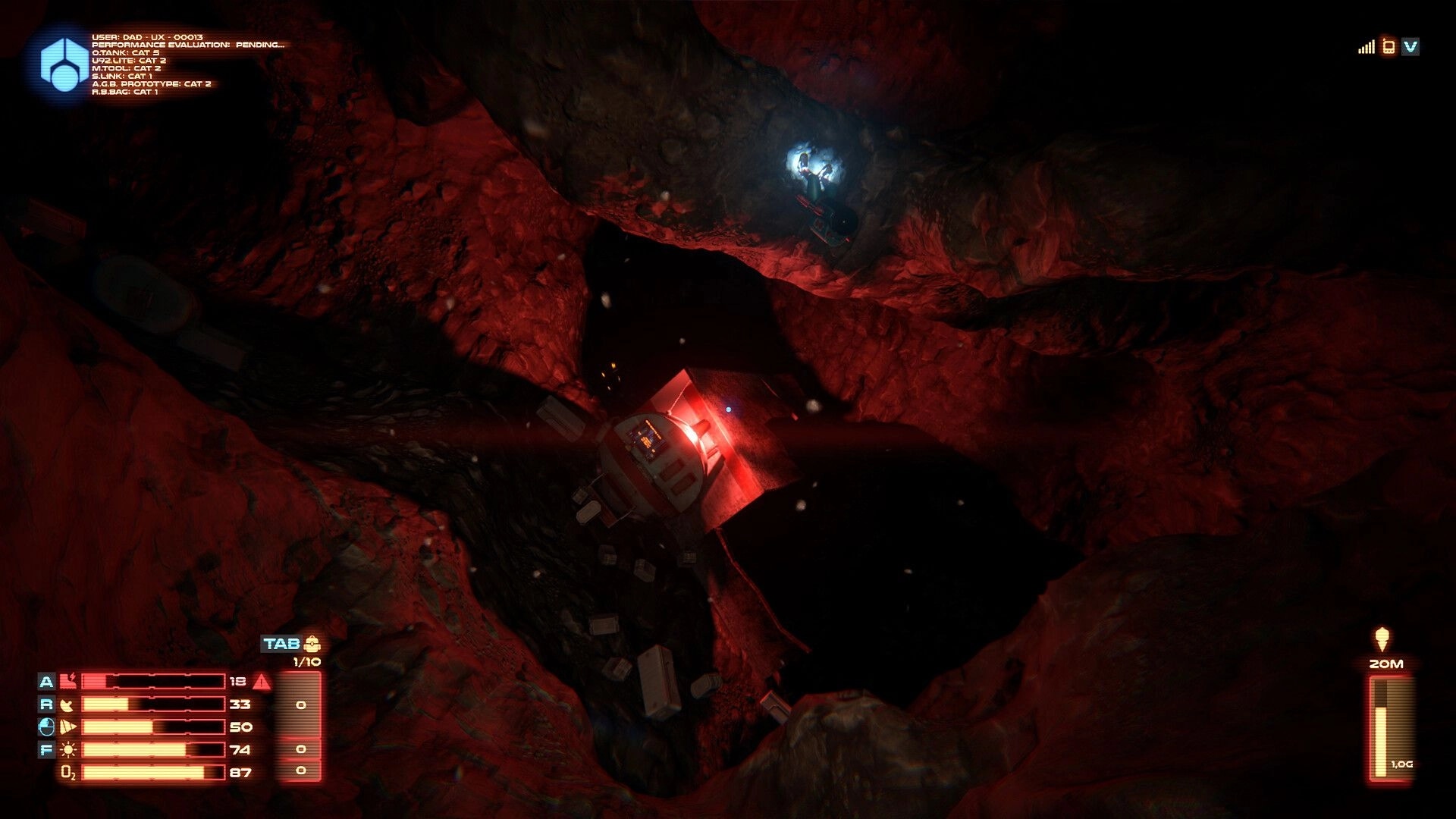 Drill and Delve: Player navigating red-lit cavern with HUD displaying oxygen and equipment levels