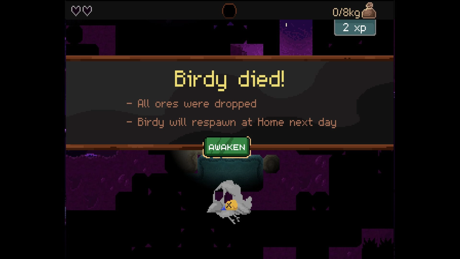 Drill Bird: Birdy died notification with ores lost and respawn message in dark underground setting