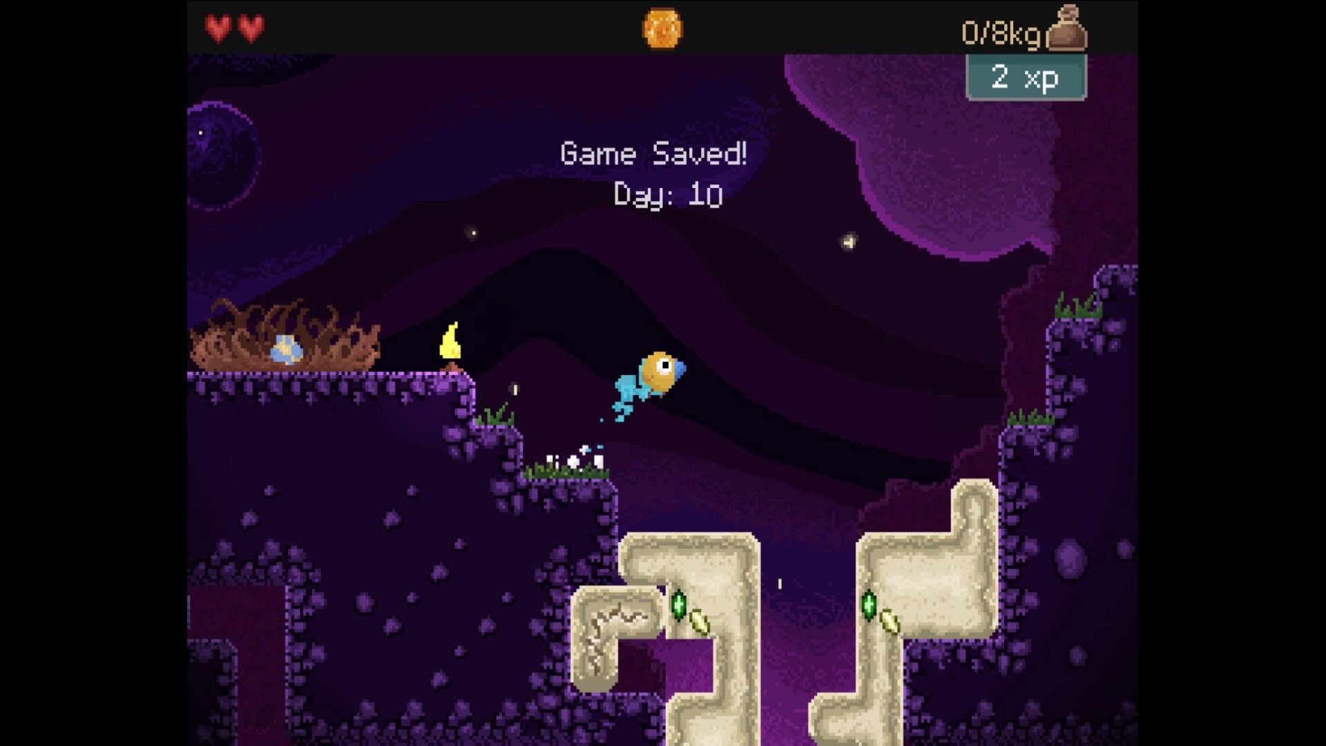 Drill Bird: Bird jumping in underground cavern with a nest, glowing flame, and visible day counter