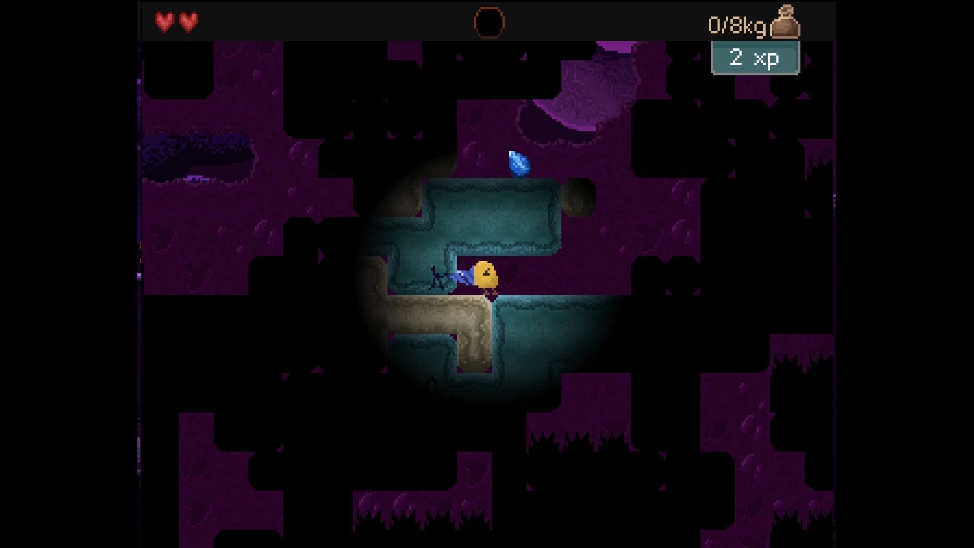 Drill Bird: Navigating dark underground tunnels collecting gems with health and experience indicators shown