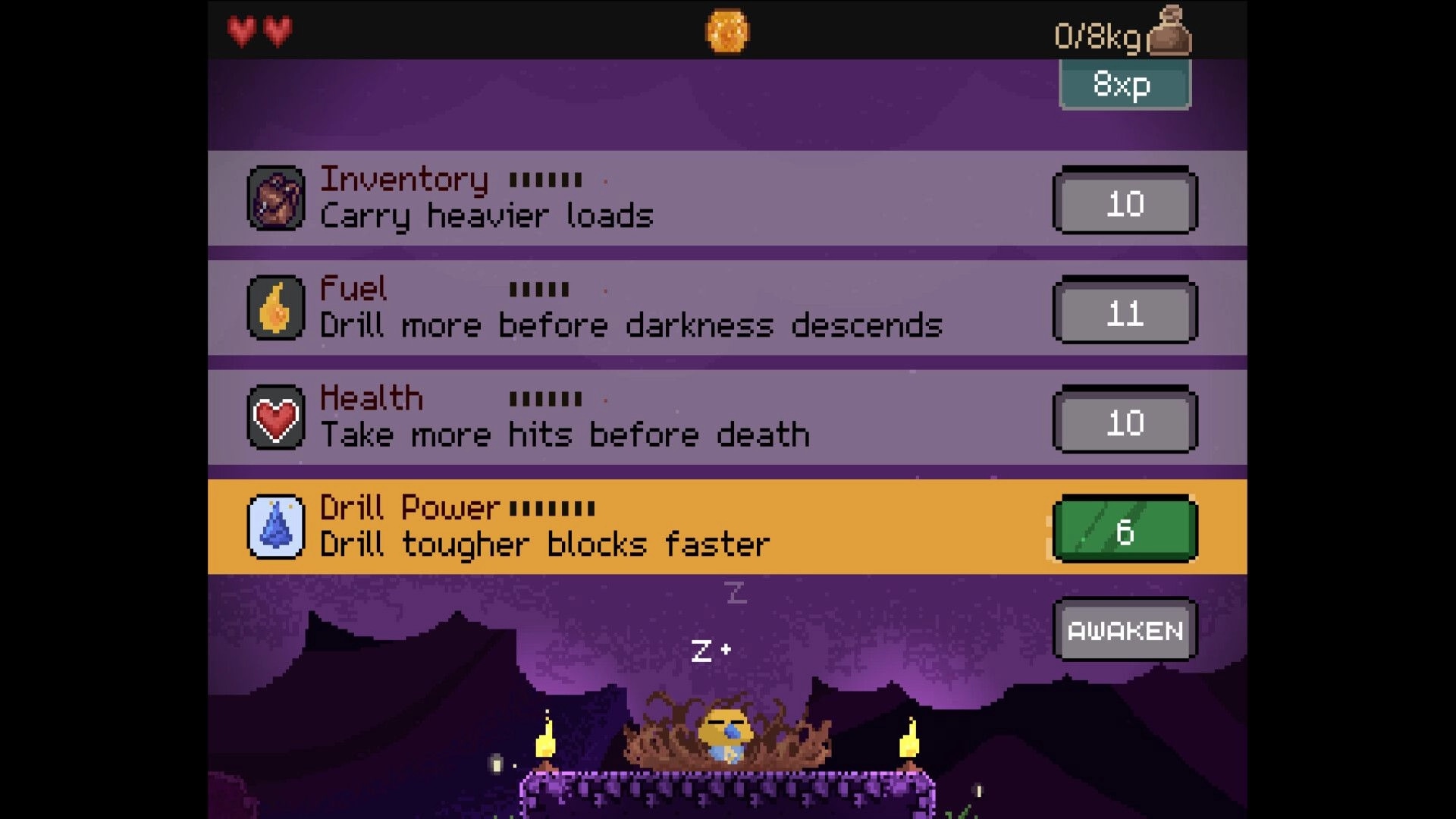 Drill Bird: Upgrade menu with inventory, fuel, health, and drill power options under a night sky