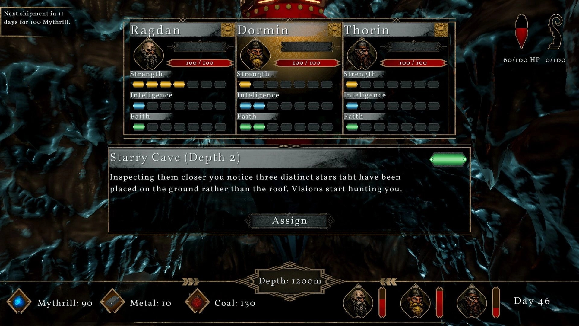 Drill Rift: Character stats of Ragdan, Dormin, and Thorin in Starry Cave at depth 1200m with resources shown.