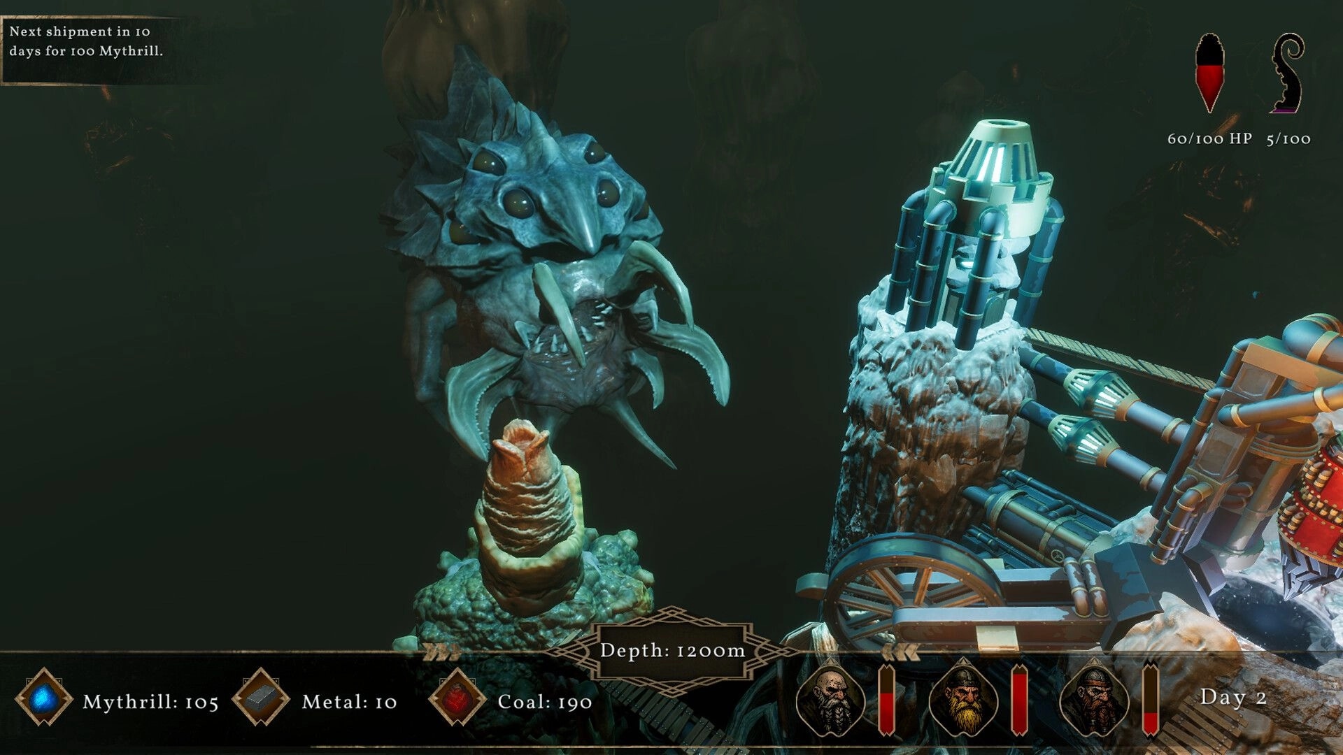Drill Rift: Giant creature confronts drill machinery at 1200m depth, with resource stats displayed