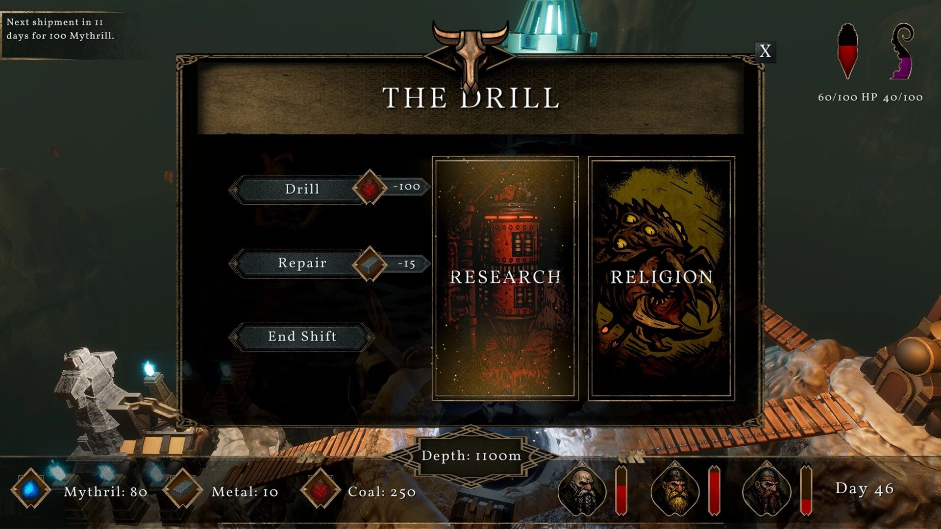 Drill Rift: Selecting actions for drilling, repair, research, and religion at a depth of 1100m on Day 46