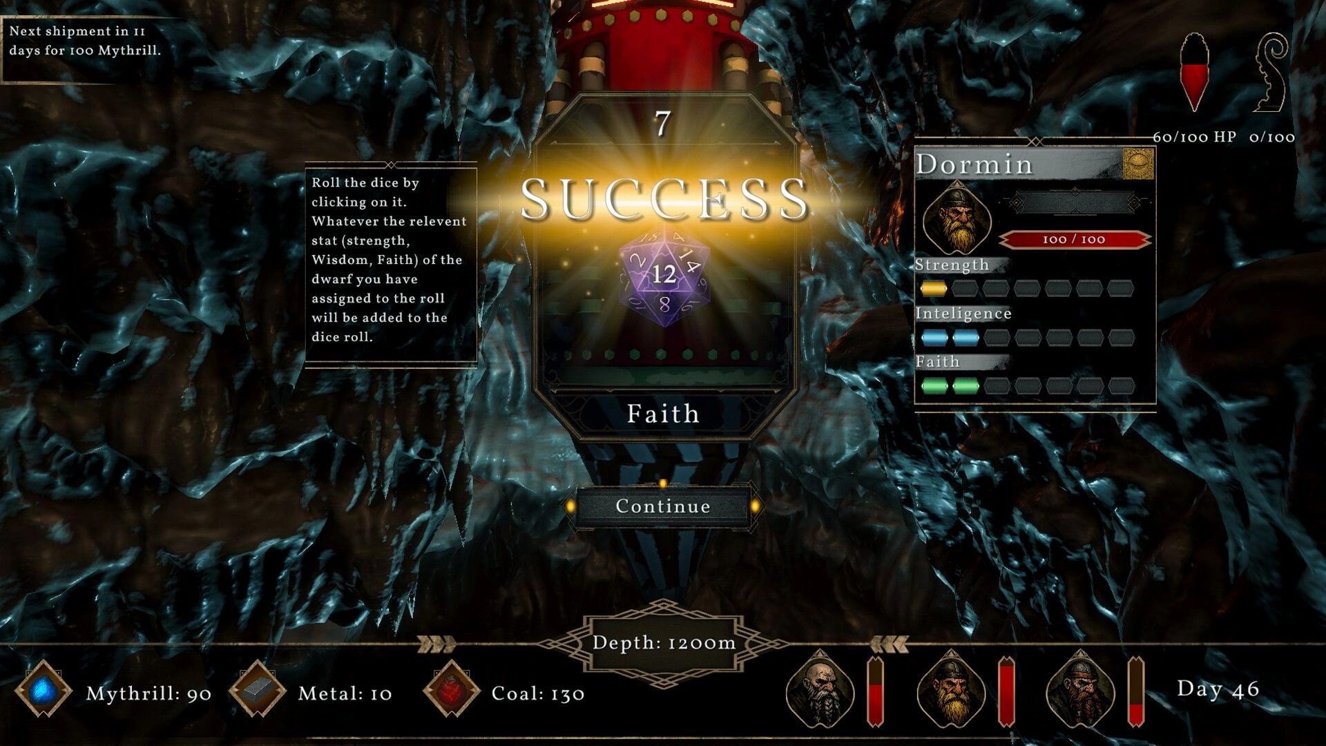 Drill Rift: Success screen with dice roll result, character stats, and resource status in dark cavern.