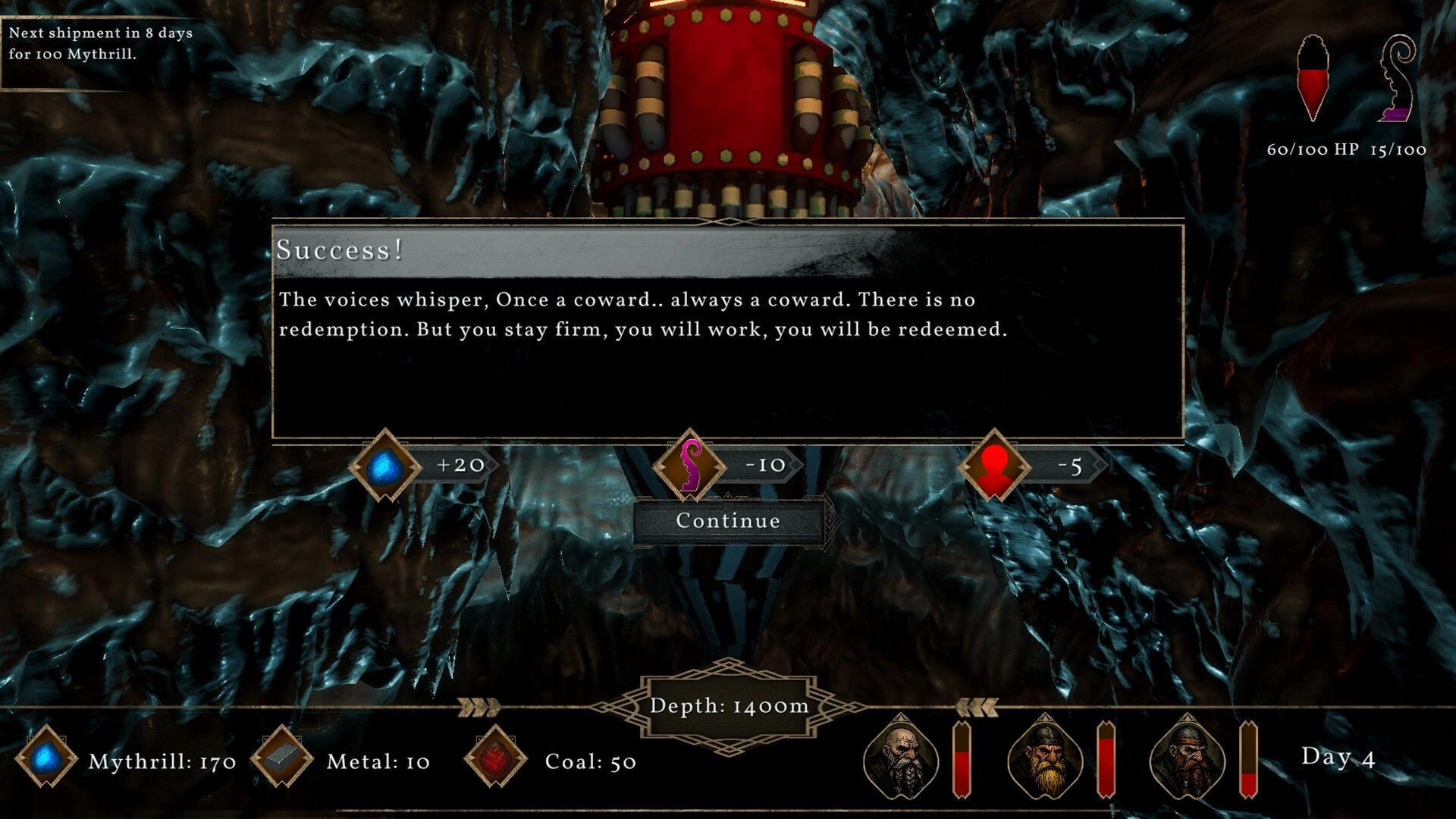 Drill Rift: Victory message with resource count and drill depth displayed in an underground cavern setting.