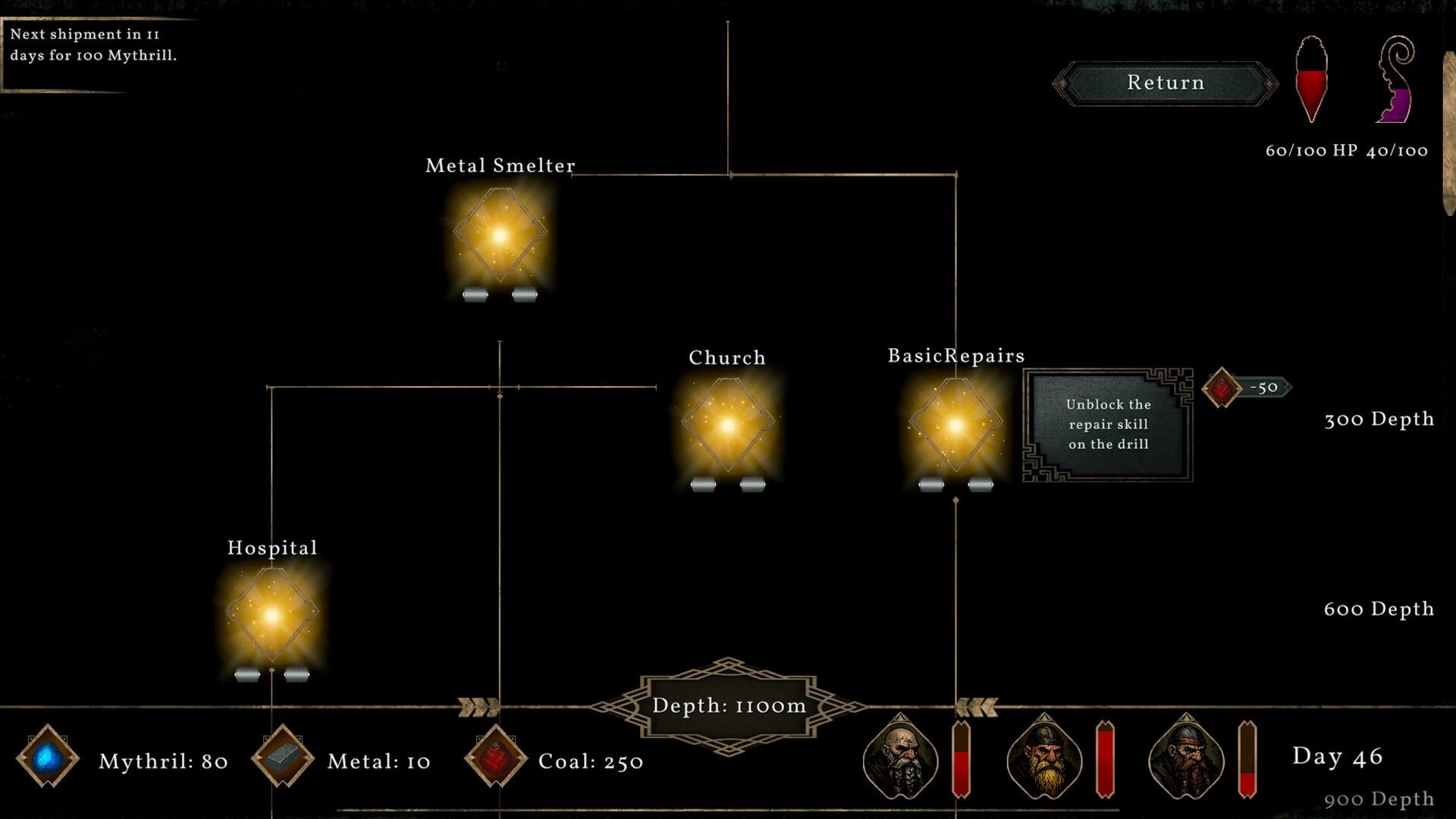 Drill Rift: Upgrade tree with options like Metal Smelter and Hospital, resources displayed at bottom