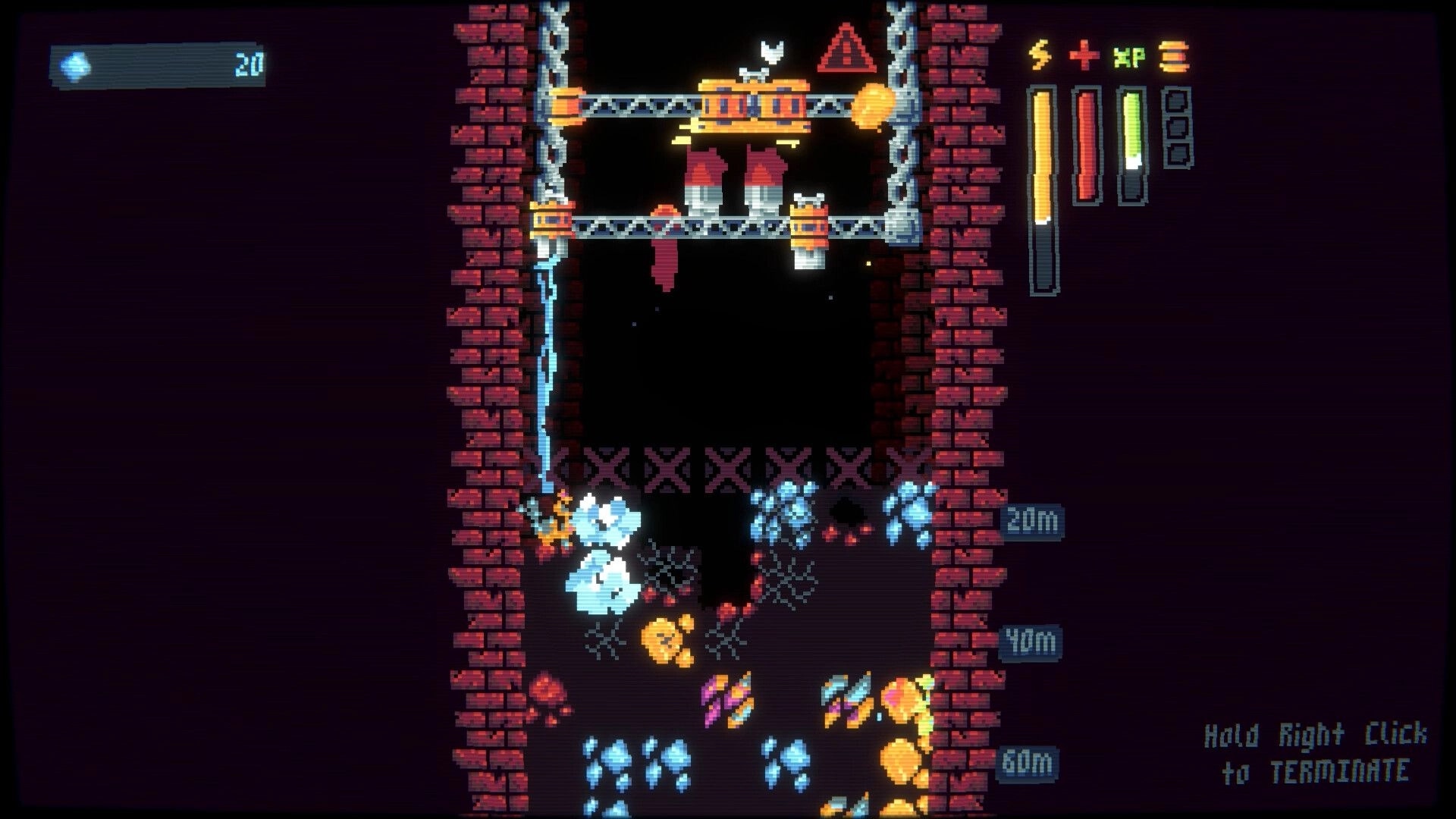 Drillbound: Drill machine digs a vertical shaft with ore clusters and depth markers in cave UI.
