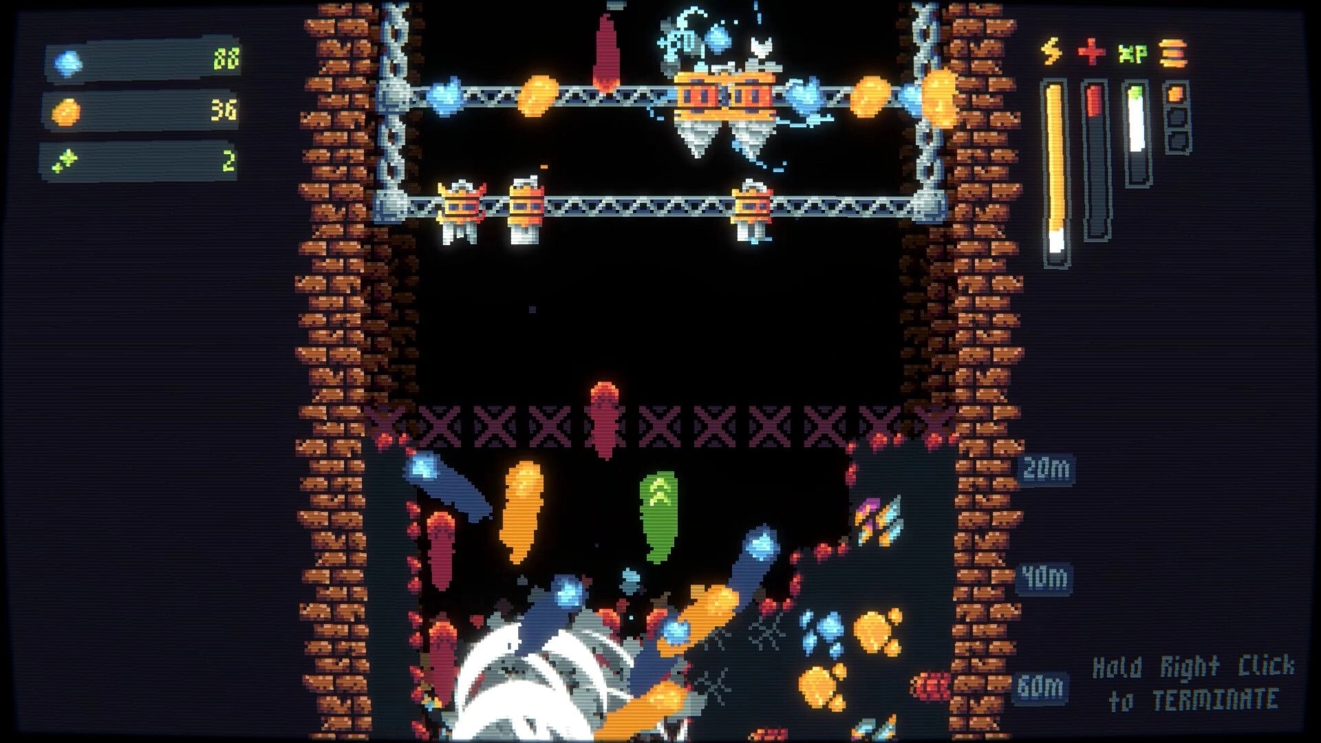 Drillbound: Drill cutting through cavern, gems and coins flying, with resource and XP bars UI.