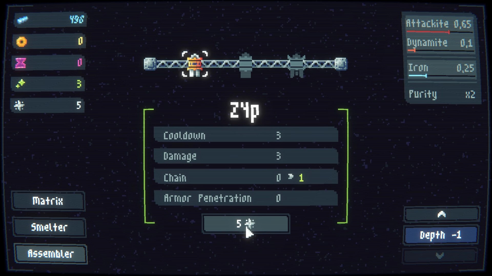 Drillbound: Upgrade menu at 24p with cooldown, damage, chain stats and depth controls on starfield.