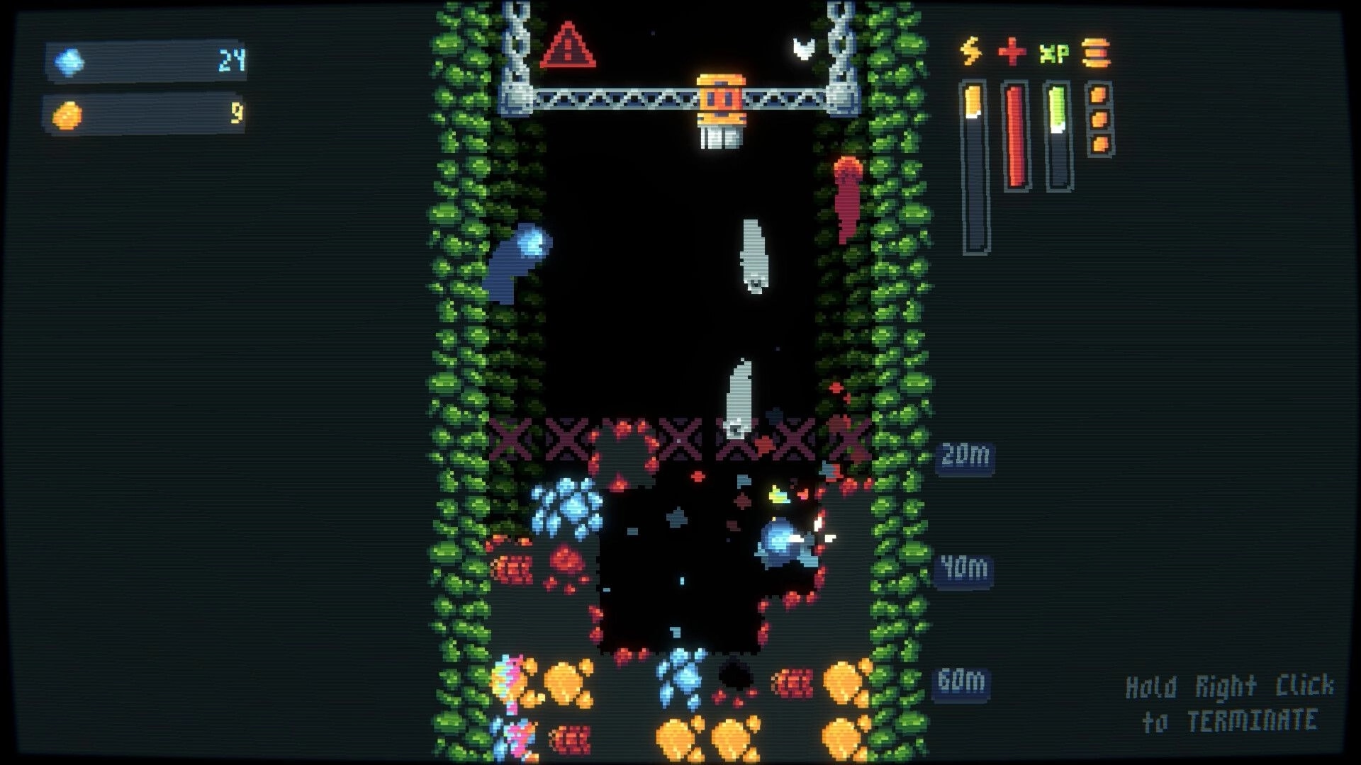 Drillbound: Drill carves a vertical mine shaft with ore clusters and depth markers beside UI bars.