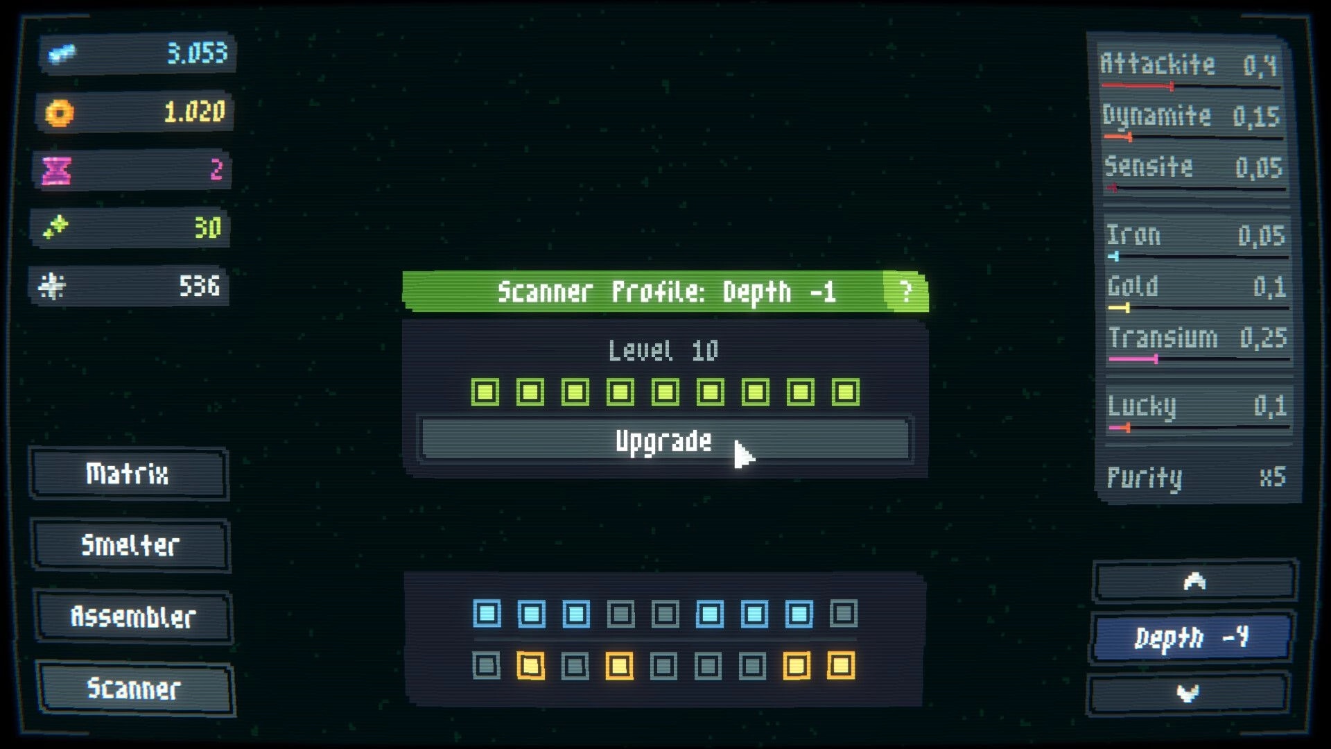 Drillbound: Scanner Profile upgrade menu at Depth -1 with resource counters and ore chances sidebar.