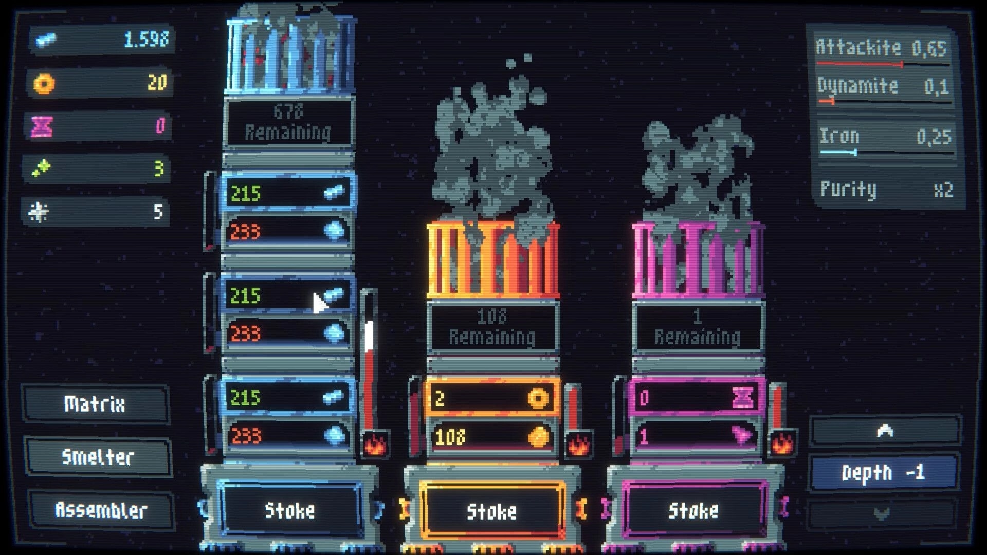 Drillbound: Smelter screen with three smoking furnaces, resource bars, and Stoke buttons at depth -1.