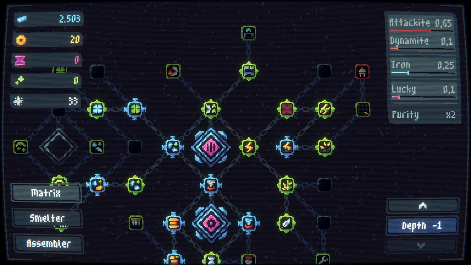 Drillbound: Upgrade matrix skill tree with connected nodes and resource bars on a starry backdrop.