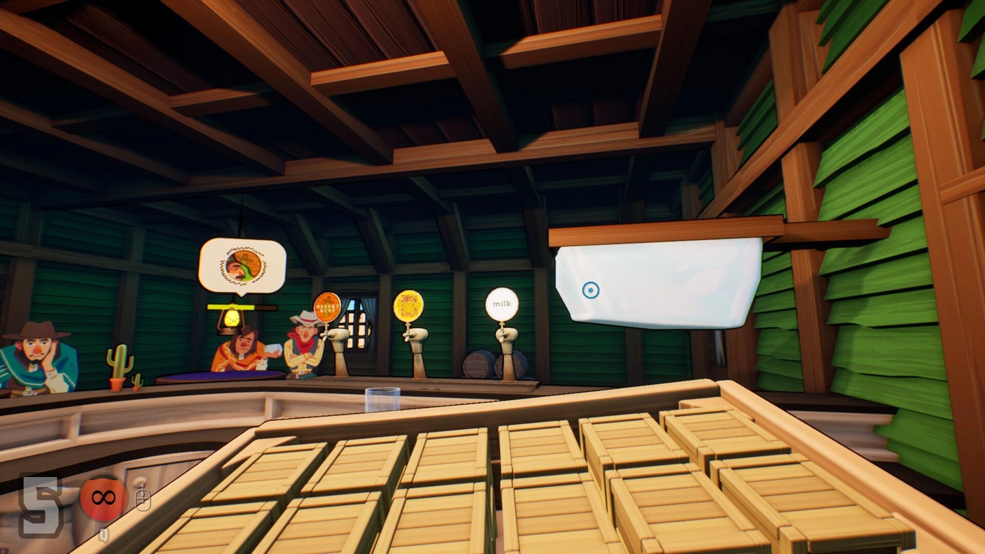 Drink Up, Cowboy!: Bartender view of saloon counter with customers and drink taps, aiming reticle on wall.