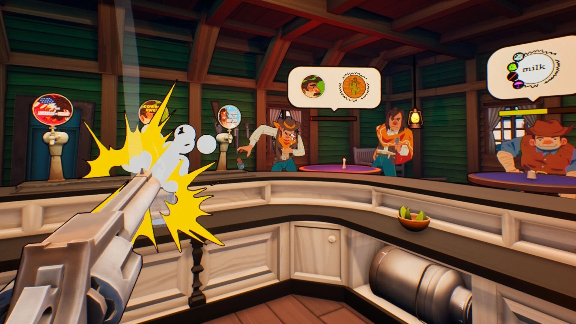 Drink Up, Cowboy!: Revolver firing behind bar at rowdy cowboys with drink bubbles in saloon interior.