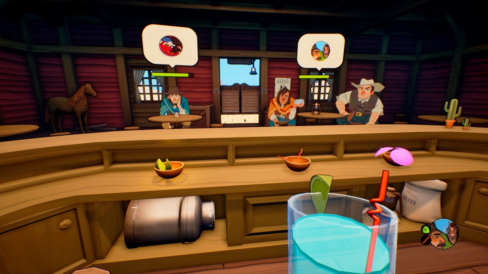 Drink Up, Cowboy!: Bartending view with three patrons and speech bubbles inside a wooden saloon bar.