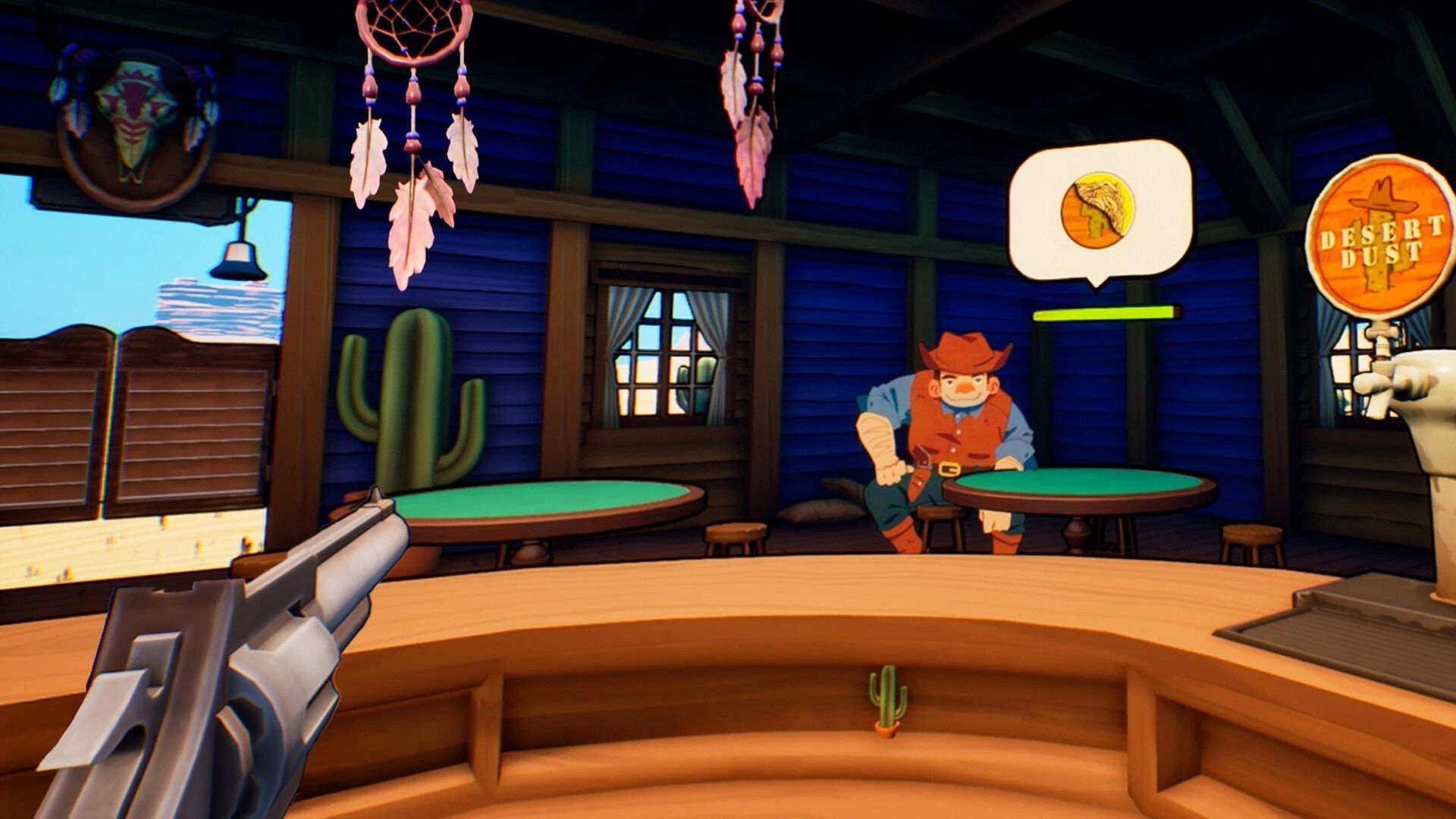 Drink Up, Cowboy!: Revolver aimed at a cowboy patron with health bar inside a blue-walled saloon bar.
