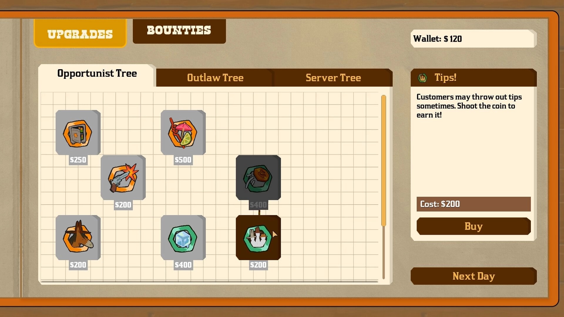 Drink Up, Cowboy!: Upgrades menu with skill tree icons, Tips perk selected and Buy button saloon UI.