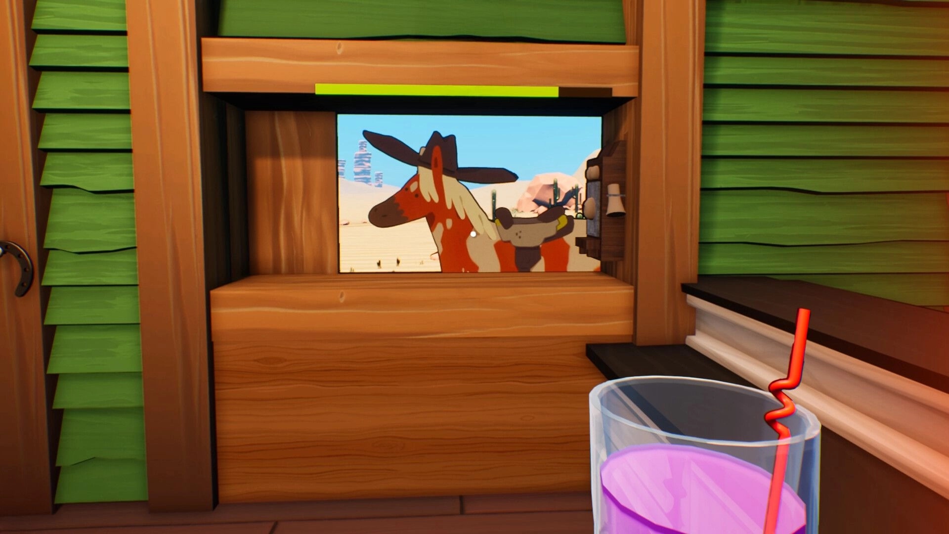 Drink Up, Cowboy!: Horse in cowboy hat at saloon service window, desert outside and drink on bar counter.