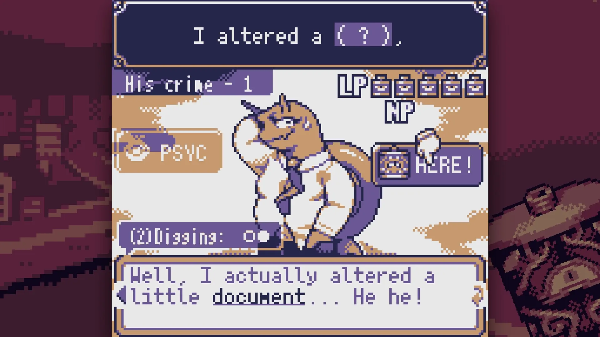 DRINKRIME: Digaina confesses crime in dialogue box, with PSYC button and stats in pixel art style.