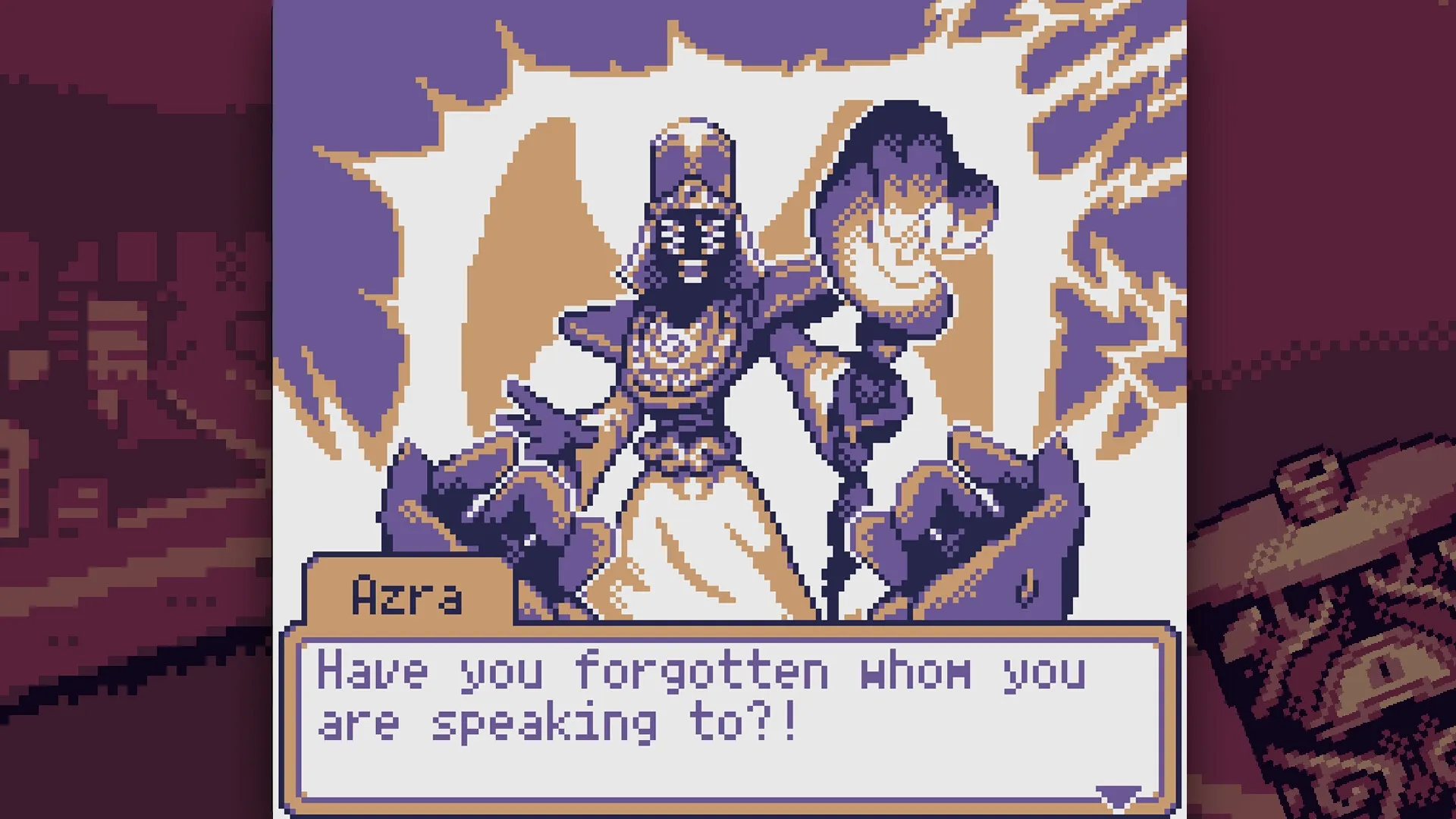 DRINKRIME: Azra confronts with fiery aura in dialogue box, questioning authority in dramatic scene.