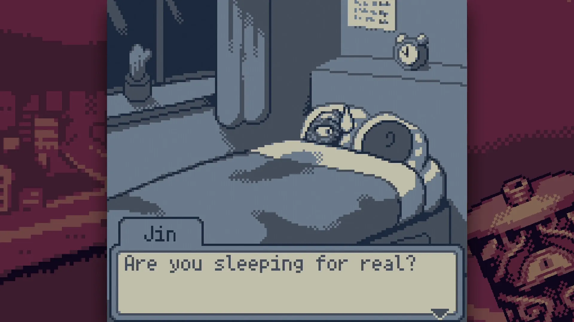 DRINKRIME: Jin questions character in a dimly lit bedroom with alarm clock and poster on the wall.