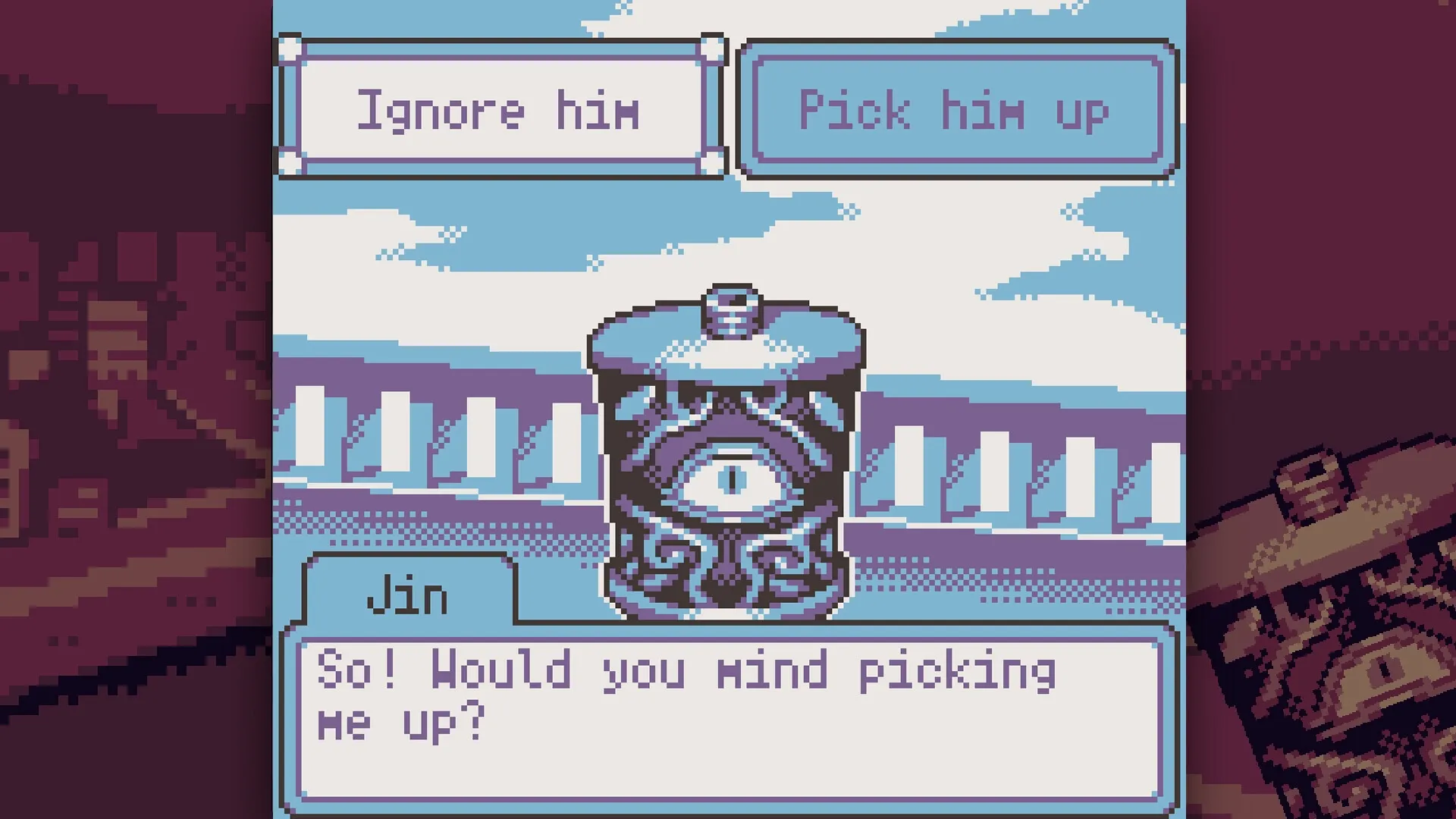 DRINKRIME: Jin asks to be picked up with options to ignore or pick him up on a sky bridge.