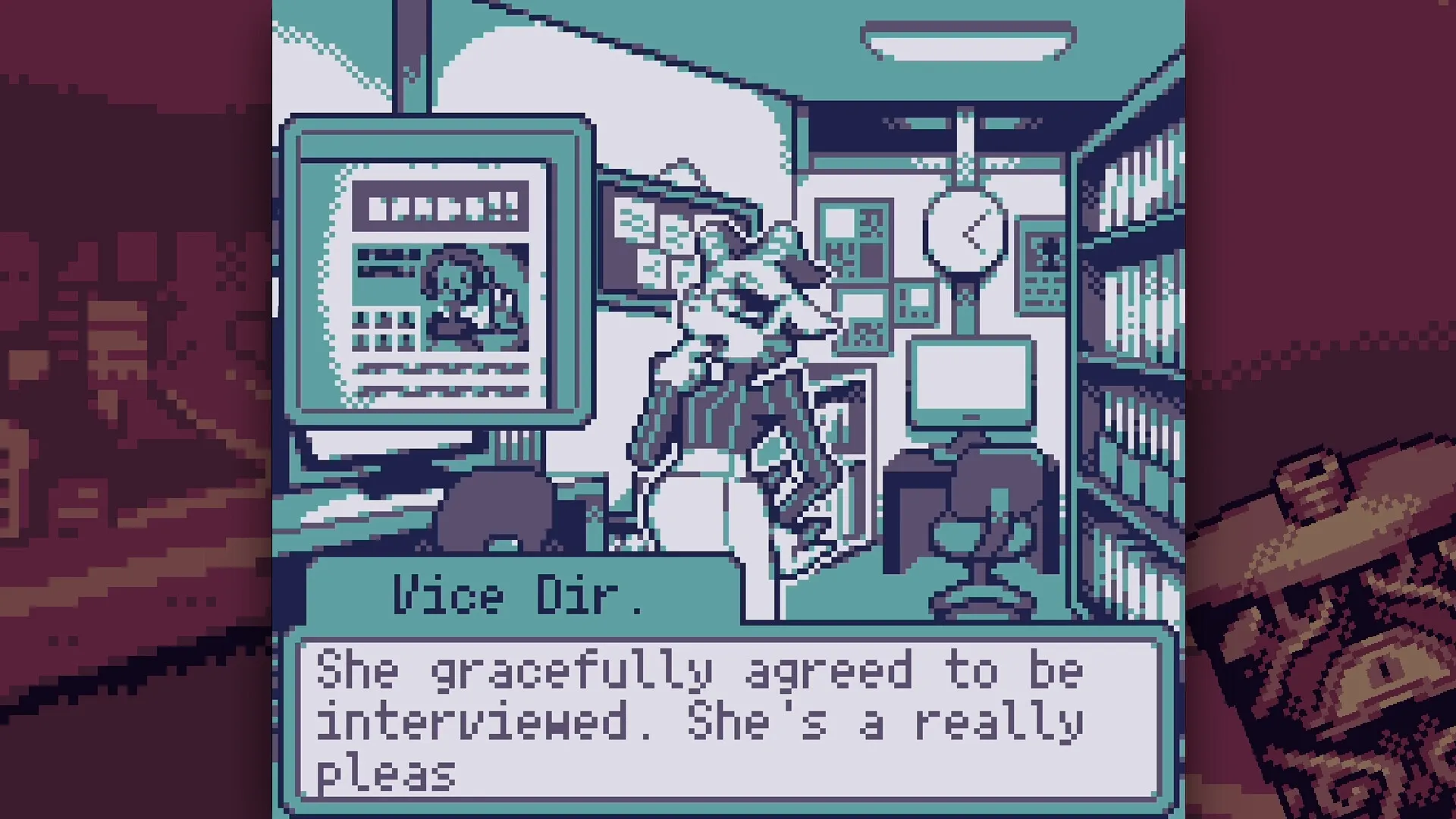 DRINKRIME: Vice Dir. character in office, pondering in front of a computer with dialogue box below.