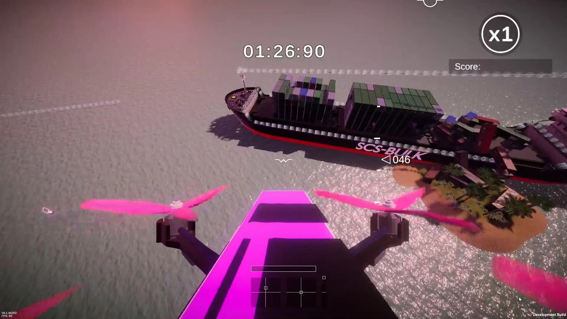 Drone District: First-person drone flight over a container ship in a vast ocean environment with timer display