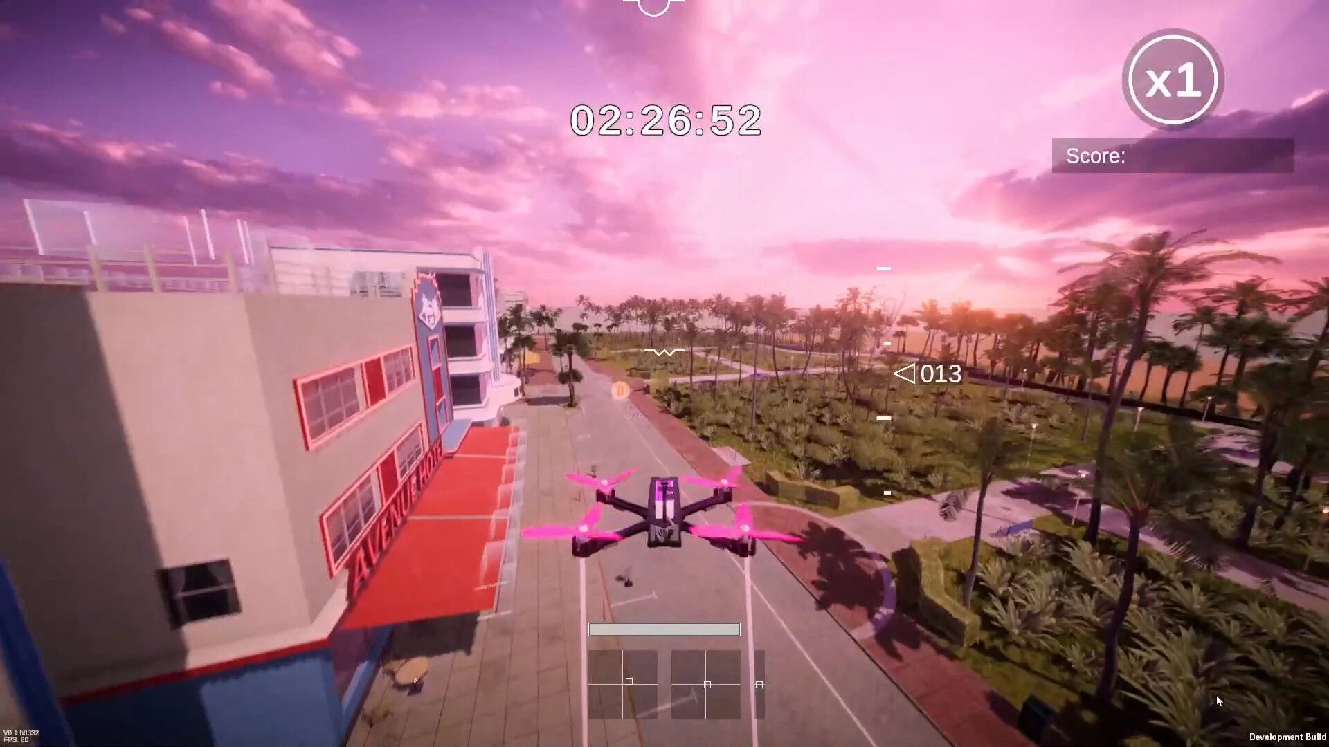 Drone District: Drone flying over urban landscape with timer and score displayed in vibrant sunset setting