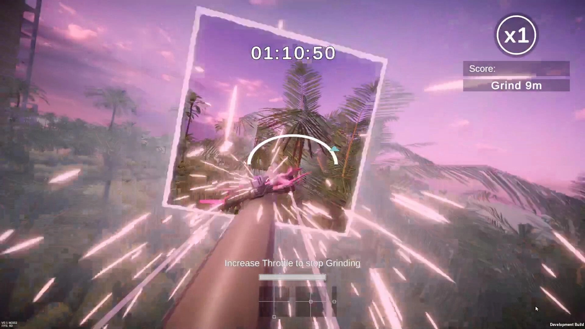 Drone District: First-person drone grinding power line with timer and score display in tropical setting