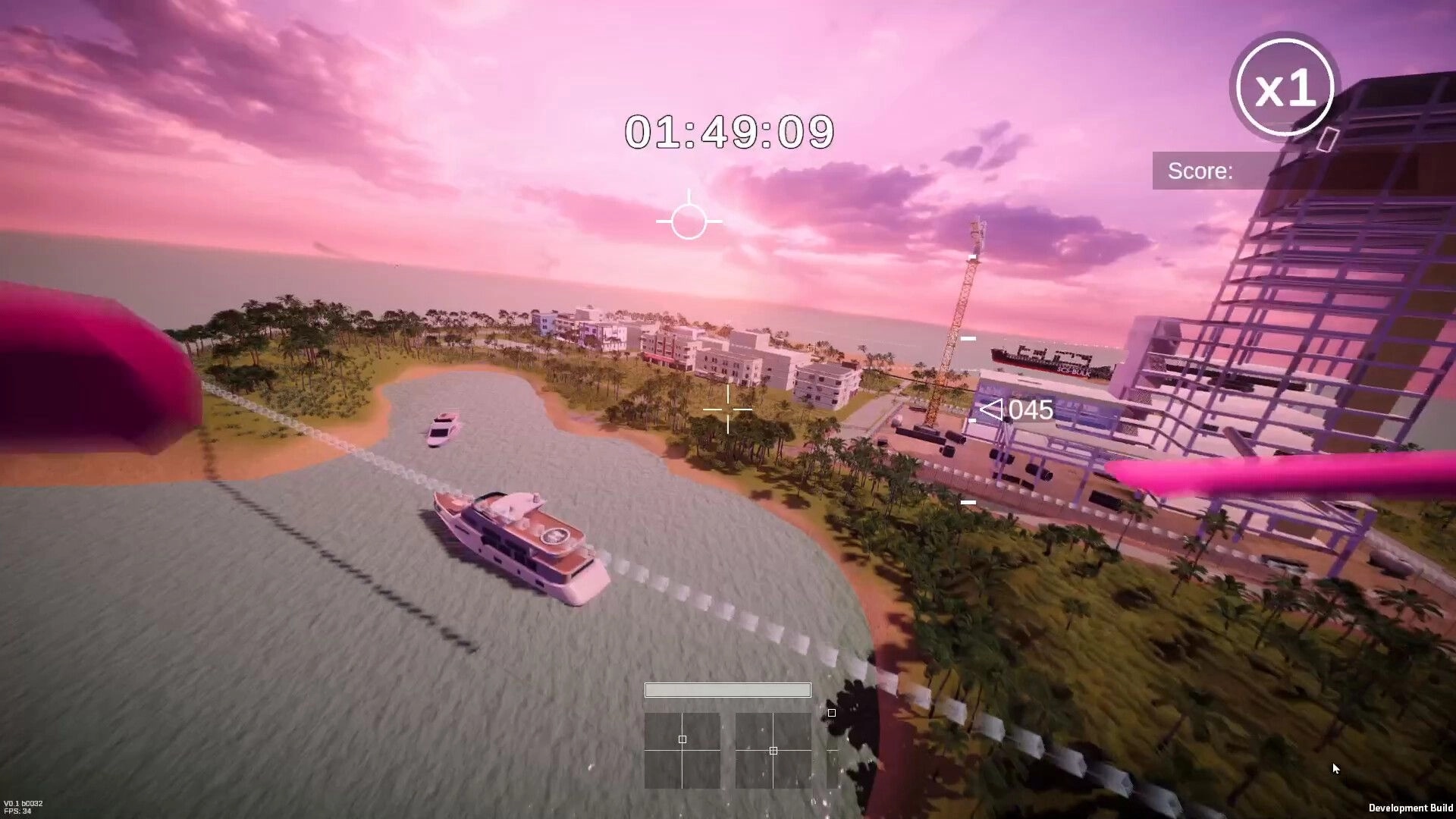 Drone District: Aerial drone flight over coastal cityscape with timer and score UI on screen