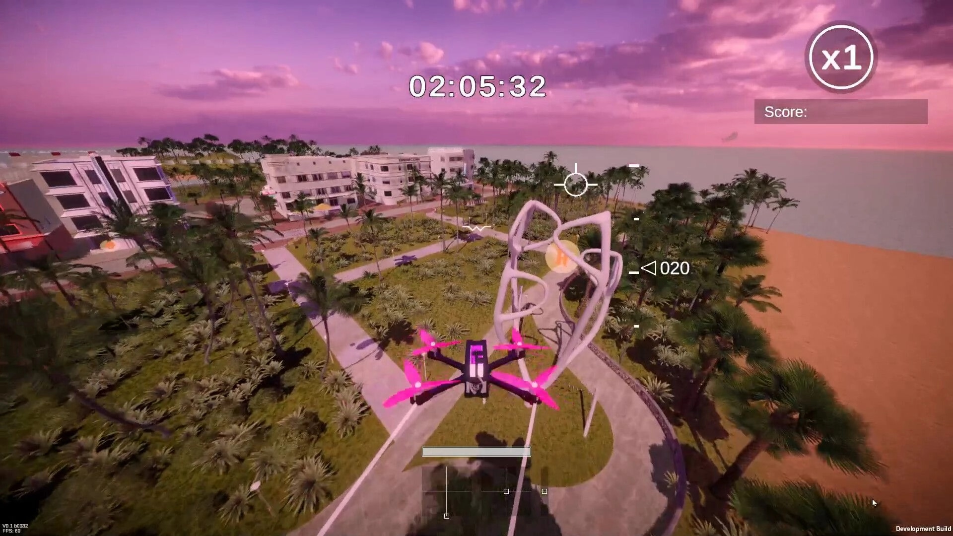 Drone District: Drone performing stunts over beachfront park with timer and score UI elements visible