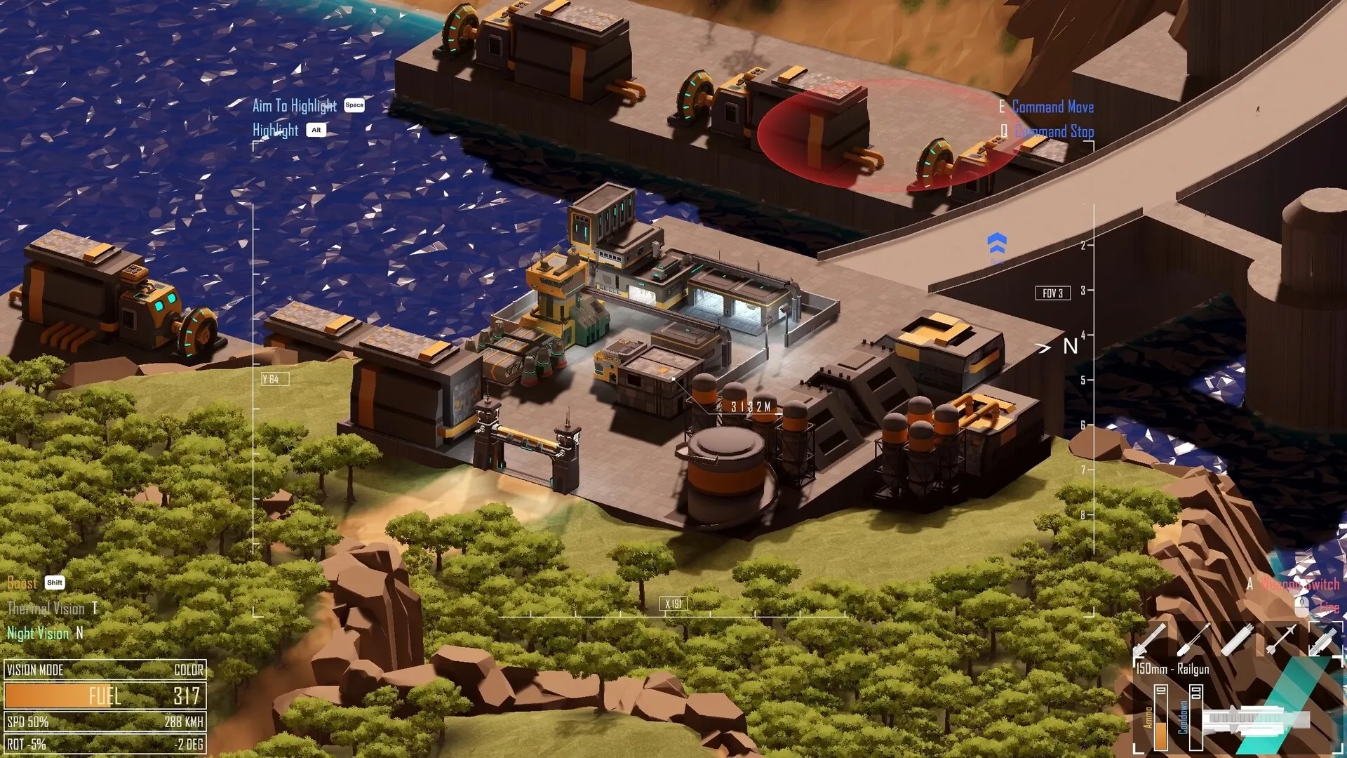 Drone Sector: Overhead view of a fortified base near a coastline with command and weapon options visible