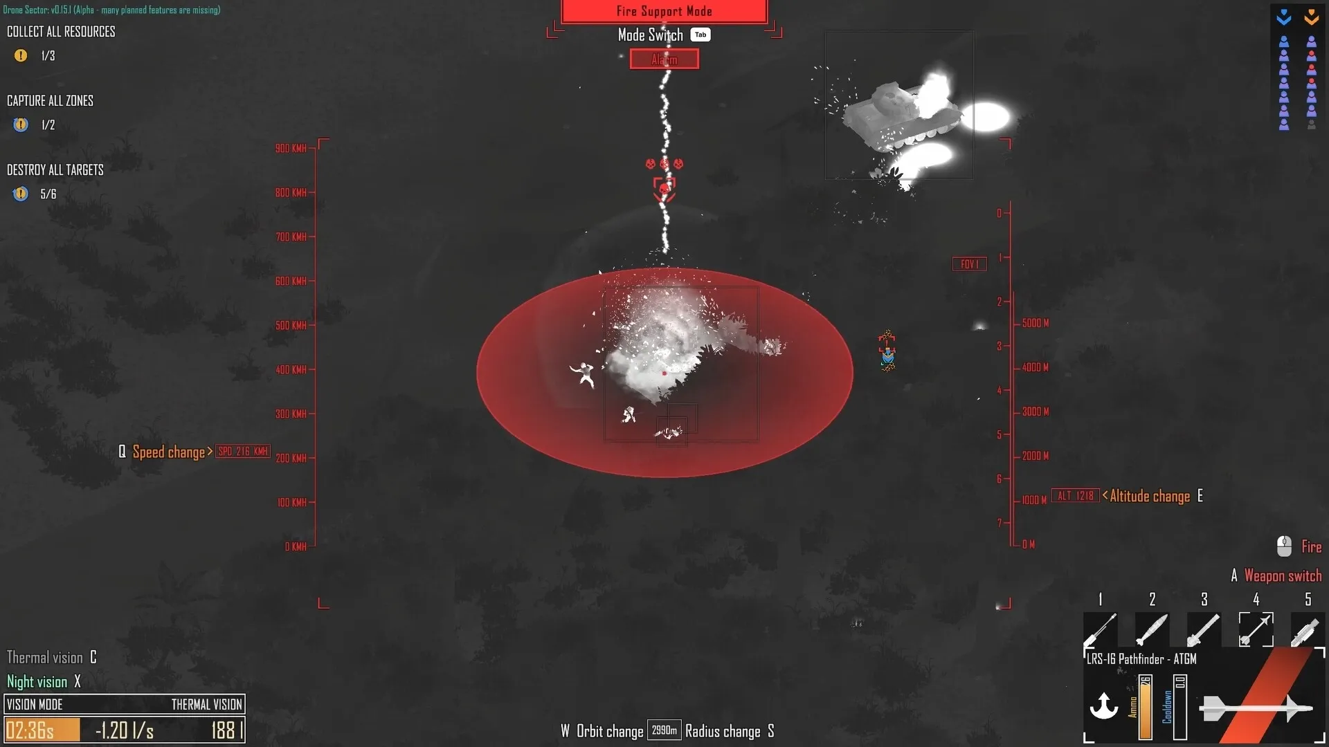 Drone Sector: Enemy tank targeted under red crosshair in thermal vision with weapon menu displayed