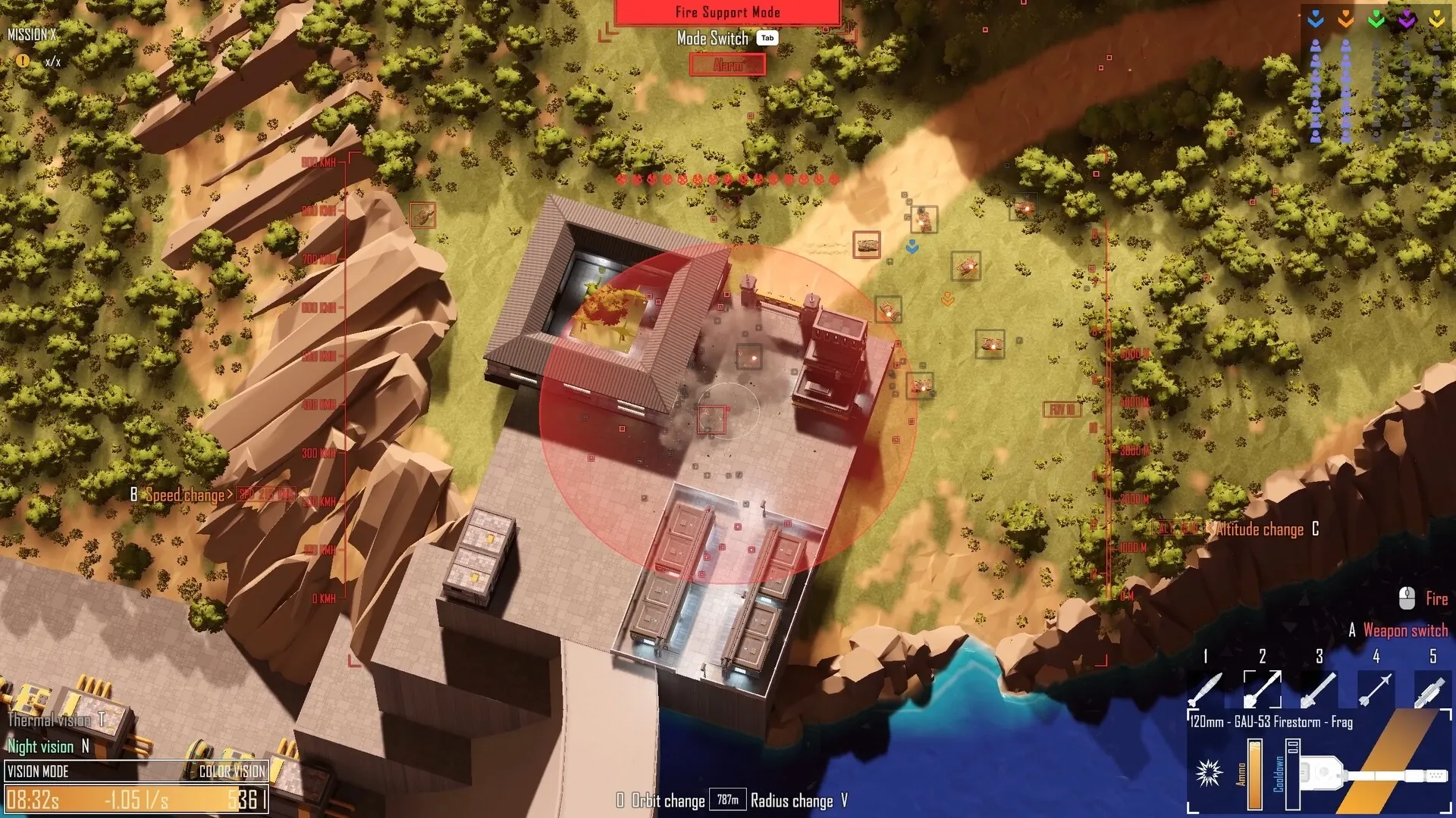 Drone Sector: Aerial view of gunship targeting enemy base with radar and weapon options displayed